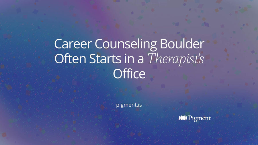 Abstract cover for career counseling Boulder: a charcoal path on cream meets three soft doorways in lavender, peach and mint below a mint foothill shape.