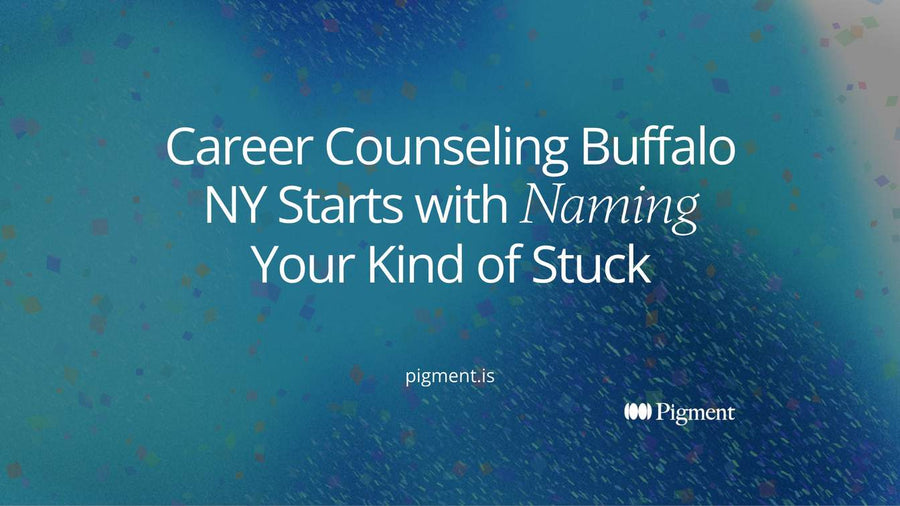 Abstract composition of four small forms each moving toward a differently shaped doorway, standing for the kinds of stuck that lead to different career counseling options in Buffalo, NY