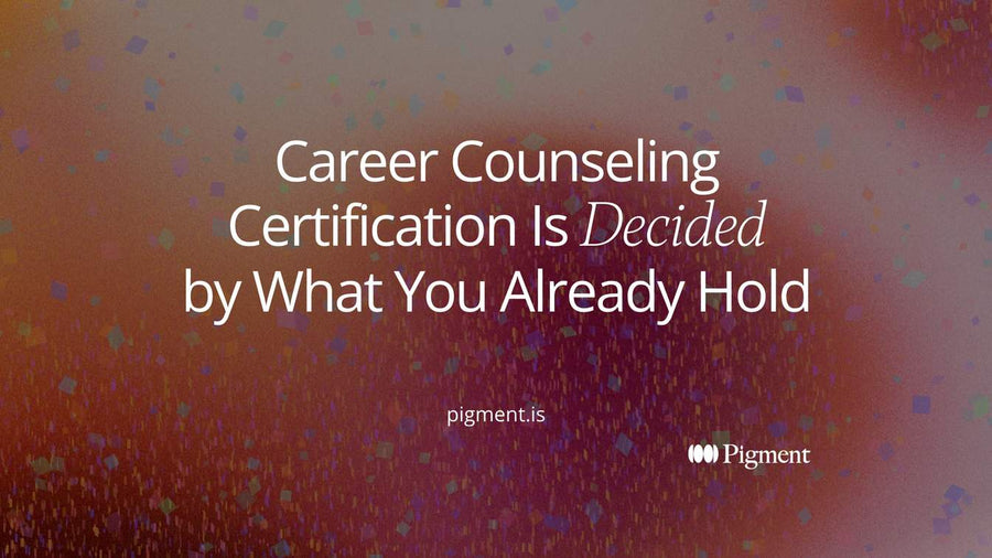 Abstract geometric hero for career counseling certification: five vertical forms on a shared baseline, each with an opening at a different height, one thin line passing through the lowest one