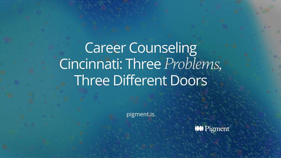 Abstract geometric cover for a guide to career counseling in Cincinnati: a loose cluster of circles sorting into three separate paths of rounded bars.