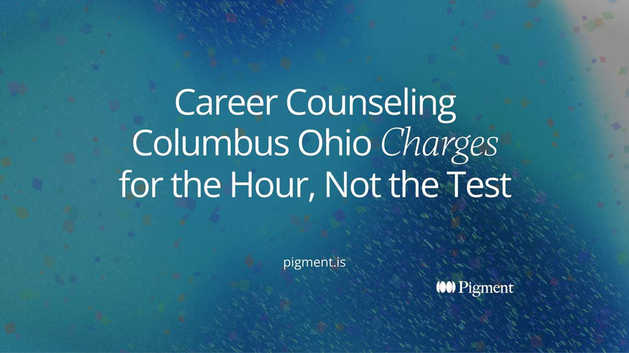 Abstract geometric cover graphic for an article on career counseling in Columbus, Ohio: scattered circles resolving into two columns of bars above a single horizontal rule.