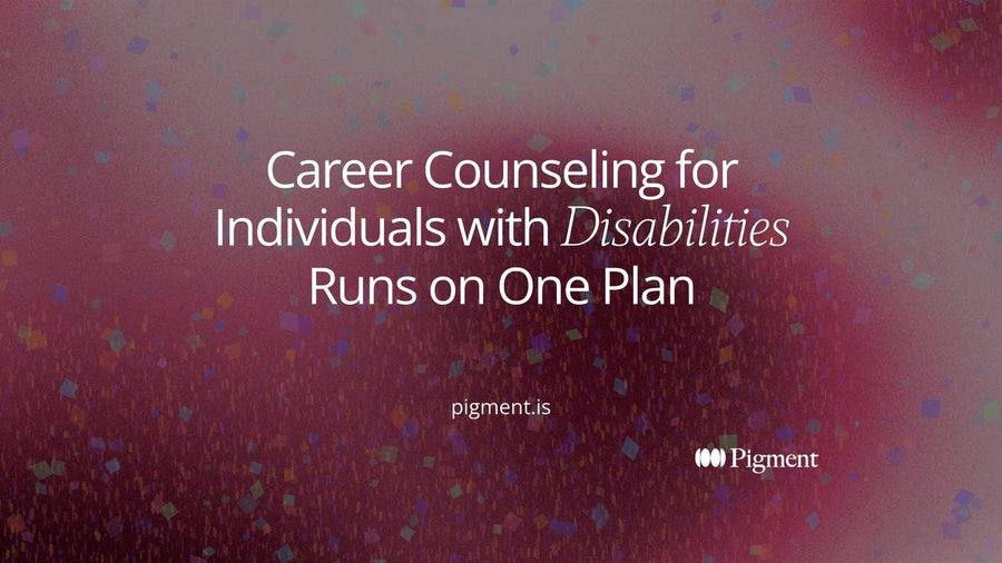 Abstract composition for career counseling for individuals with disabilities: scattered soft shapes on the left gather into one framed rectangle, then one steady circle on the right