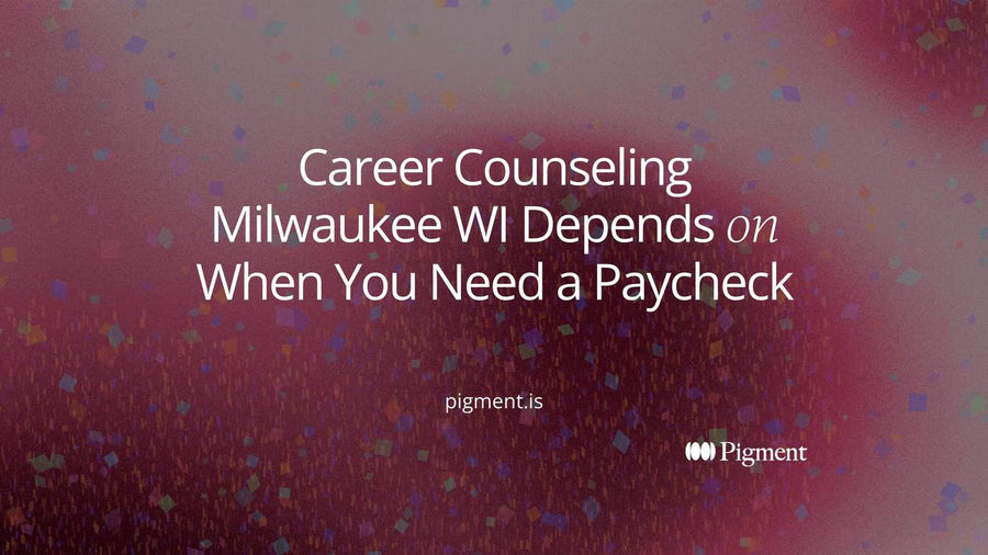 Abstract cover for career counseling Milwaukee WI: two paths on cream, one short and direct in mint, one longer and winding in lavender, meeting at a small clock form.