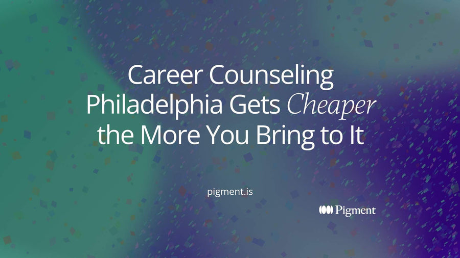 Abstract geometric cover on warm cream: one solid violet square beside a row of seven smaller repeating forms, standing for a fixed hourly rate multiplied by the number of career counseling sessions a Philadelphia client ends up buying