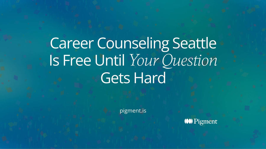 Abstract Pigment hero for career counseling in Seattle: a framed stack of violet bars beside an unframed scatter of coral shapes at equal height, standing for licensed counseling next to unregulated coaching.