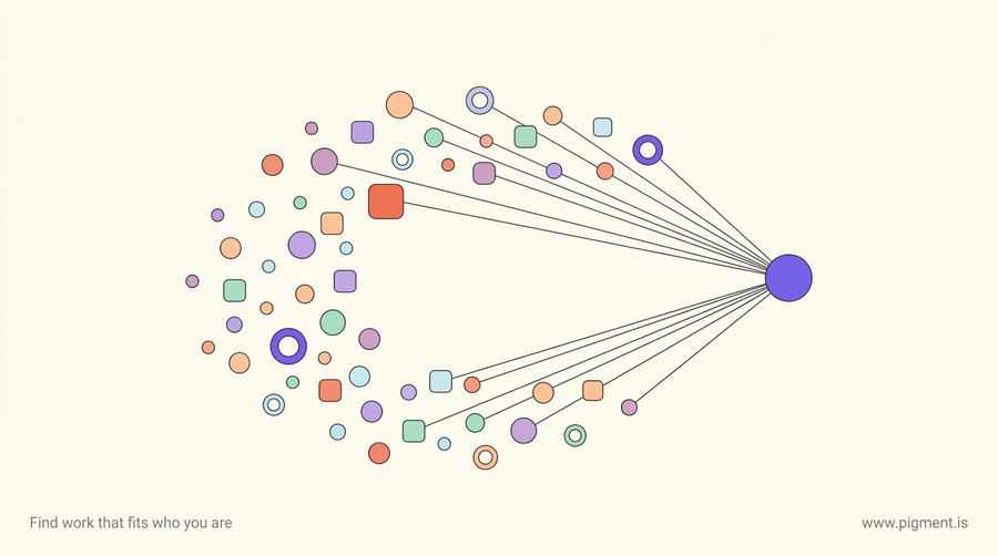 Abstract warm constellation of small peach, lavender, mint, and ice-blue shapes converging toward a single violet circle, evoking the many kinds of career counseling services resolving into one clear direction.