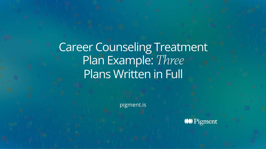Abstract geometric cover on warm cream: six stacked horizontal bars like lines on a form, five drawn as outlines and the fourth filled violet, standing for the objective line in a career counseling treatment plan example
