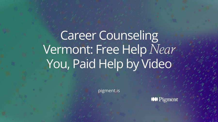 Abstract geometric composition on warm cream: small peach, mint and lavender forms spread across a wide field, joined by thin lines to one larger rounded rectangle, suggesting career counseling across rural Vermont in person or by video