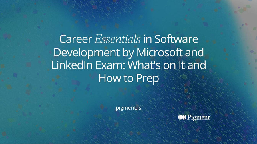 Abstract cover for a guide to the Career Essentials in Software Development by Microsoft and LinkedIn exam, with stacked course blocks leading to one certificate shape