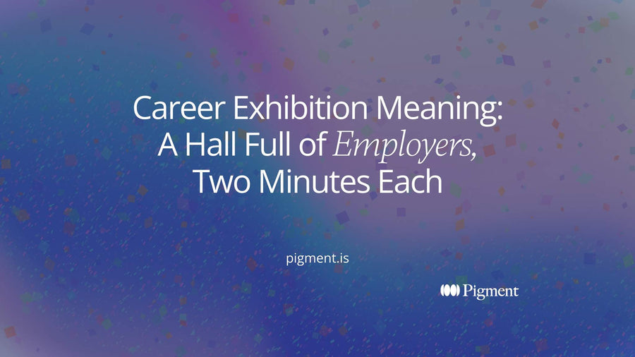 Abstract rows of peach, lavender, and mint rectangles like booths in a hall, with one path of dots moving between them, for an article on career exhibition meaning.