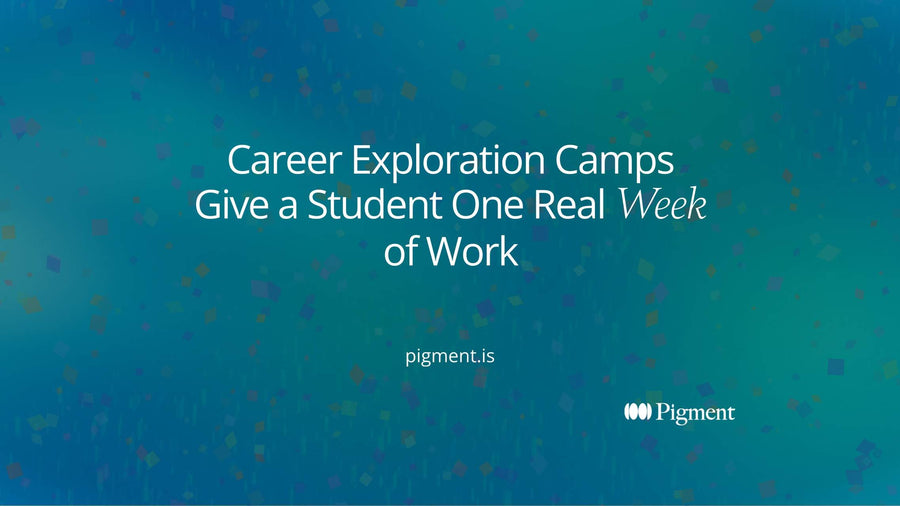 Abstract cover for a guide to career exploration camps: five small rounded shapes in peach, lavender, mint, ice and lilac along one thin line, one week of trying different kinds of work.