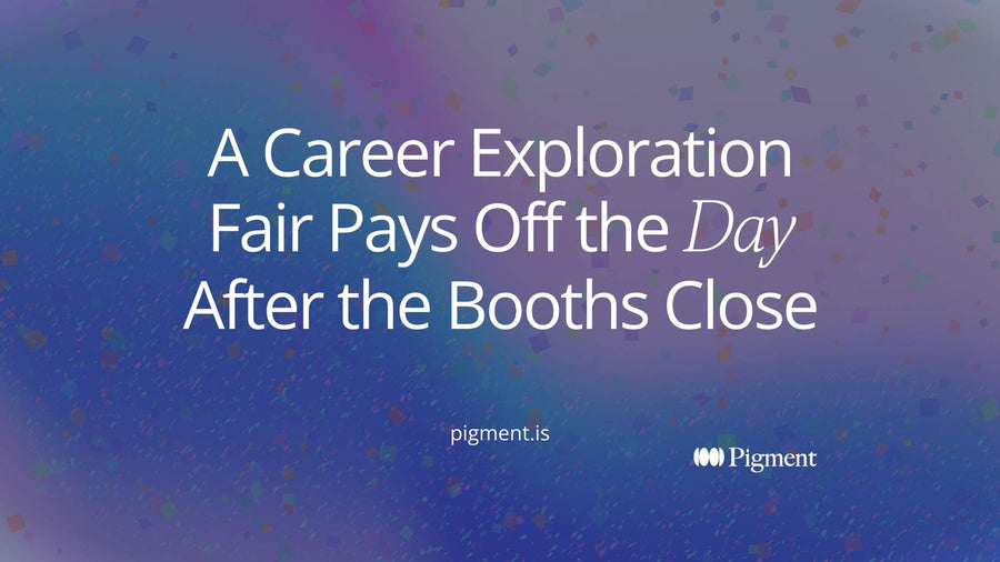 Abstract cover for a guide to the career exploration fair: rows of small rounded tables in peach, lavender, mint and ice, with one thin line winding between them toward a single larger shape.