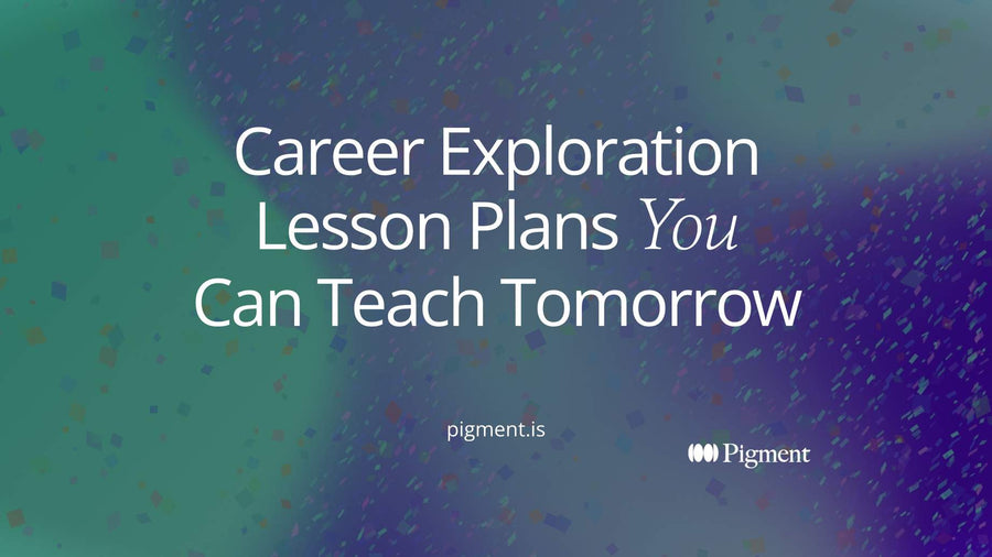 Abstract composition in peach, lavender and mint on warm cream: small shapes on the left each send one thin line to a few larger shapes on the right, a picture of career exploration lesson plans that start with the student