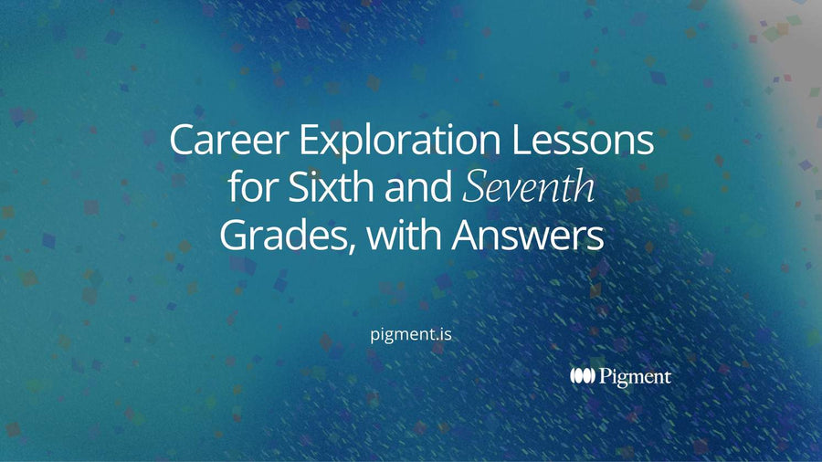 Abstract cover for career exploration lessons for sixth and seventh grades: scattered pale squares on the left settle into three neat violet, peach and mint columns on the right