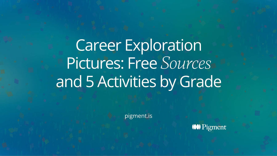 Abstract cover for career exploration pictures: rectangular picture cards in violet, orange and pale peach sorted into three loose groups on warm cream.