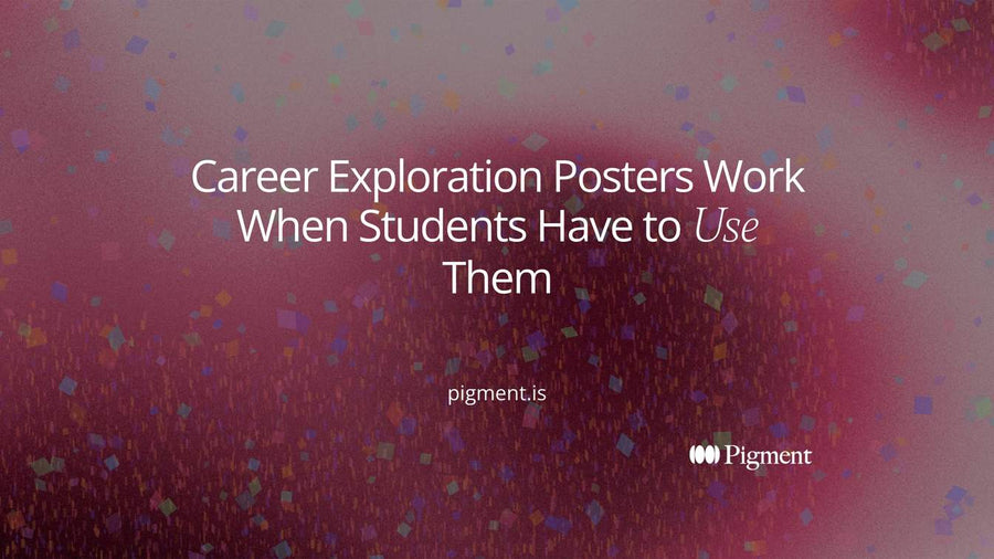 Abstract geometric composition for career exploration posters: an even grid of pale peach, lavender and mint rectangles with one violet rectangle pulled forward out of the grid