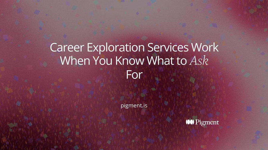 Abstract cover for a guide to career exploration services: five soft shapes in a loose row, one picked out in violet, on a warm cream background.