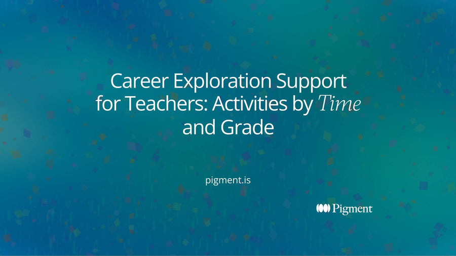 Abstract cover for career exploration support for teachers: three growing clusters of shapes in violet, orange and pale peach widen from left to right across warm cream.