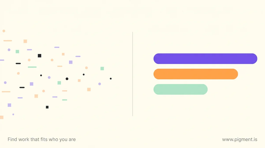 Abstract composition in peach, lavender and mint on cream: scattered small marks on the left resolving into three clean ranked bars on the right, the shape of a career exploration worksheet