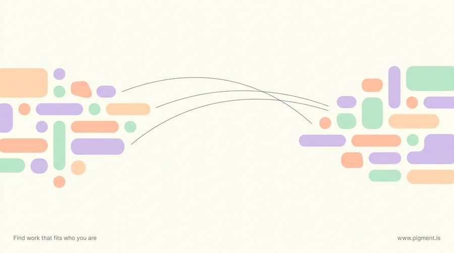 Abstract geometric composition in warm peach, lavender, and mint on cream, two loose clusters of soft shapes linked by a thin path, evoking career finder sites from discovery to job search.