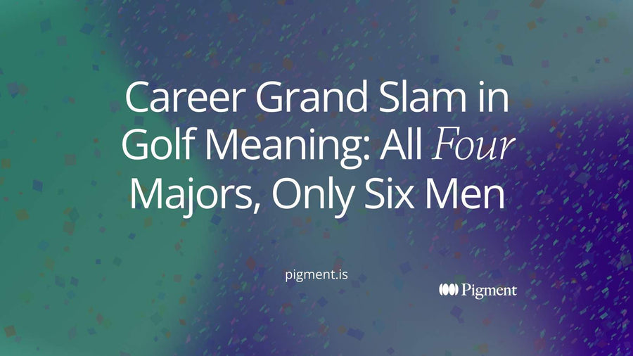 Abstract composition on warm cream: four distinct shapes for the four majors joined by one winding path, showing the career grand slam in golf meaning of winning all four over a career
