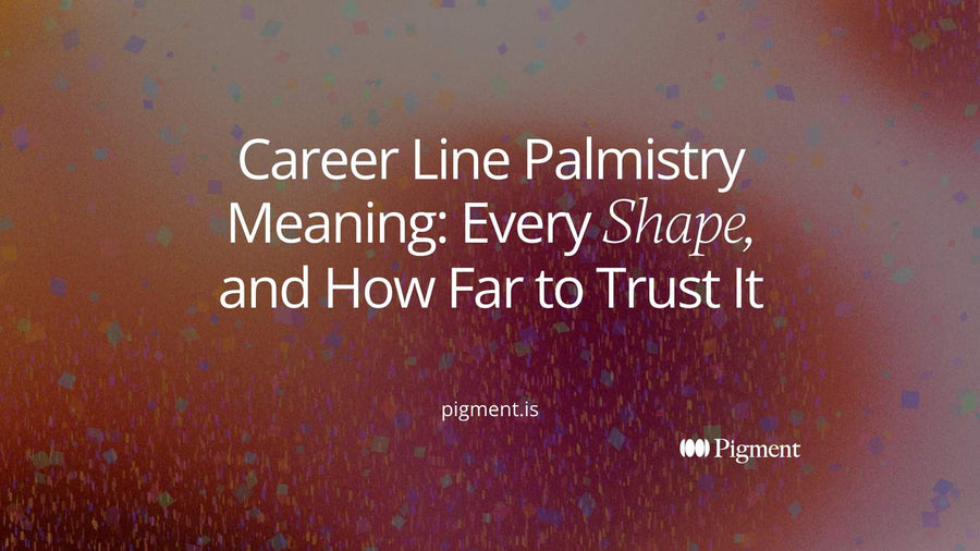Abstract geometric composition of one vertical line climbing through soft horizontal bands, with a gap and a small branch, evoking the career line palmistry meaning as a path with changes.