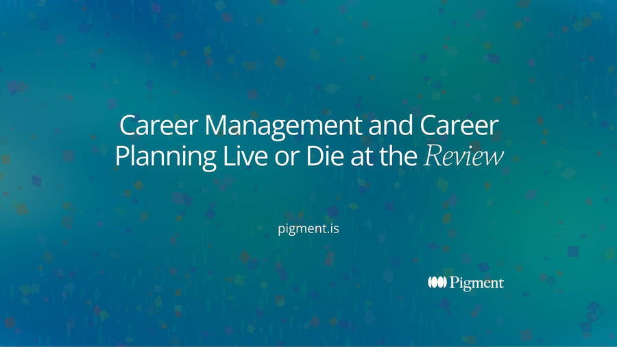 Abstract cover for a guide to career management and career planning: four small shapes in a loop, one filled in peach for the review step
