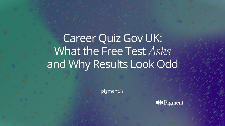 Abstract cover for a guide to the career quiz gov uk offers: a neat grid of small squares turning into a scattered spray of shapes, one lit in peach