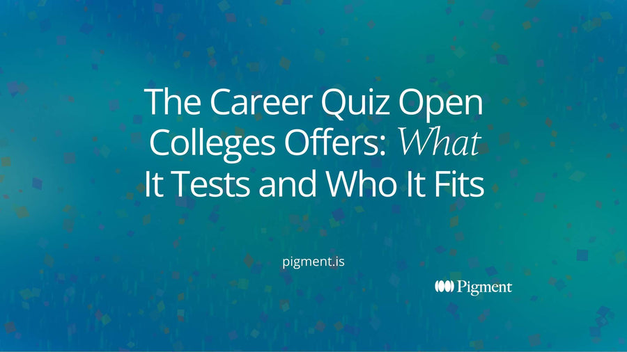 Abstract cover for a guide to the career quiz Open Colleges offers: sixteen small squares in peach, lavender and mint, with a few lines leading from them to a short row of larger shapes.