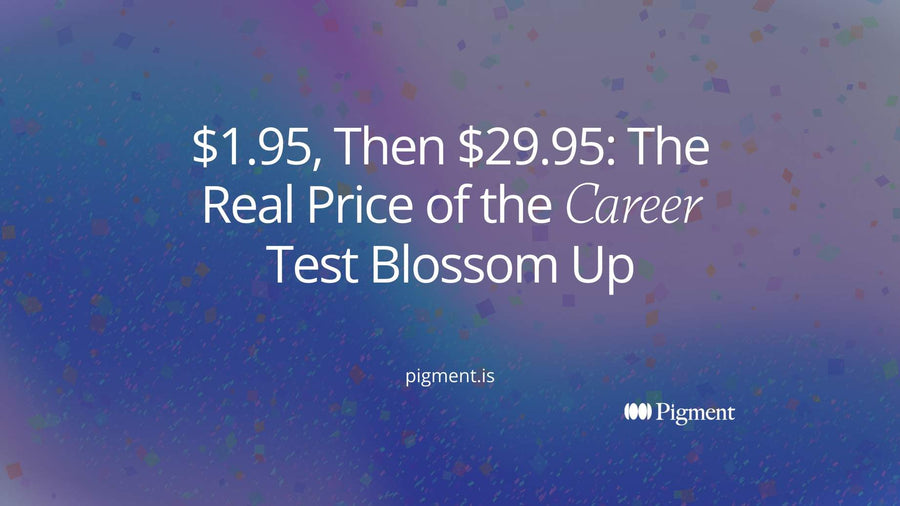 Abstract cover for a guide to the career test Blossom Up: one small peach square followed by a long row of larger repeating lavender squares, a small first payment turning into a repeating charge