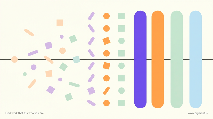 Abstract flat-vector composition on cream: a loose scatter of small peach, lavender and mint shapes resolving into four steady vertical bands, standing for the four conditions an ADHD career test should measure