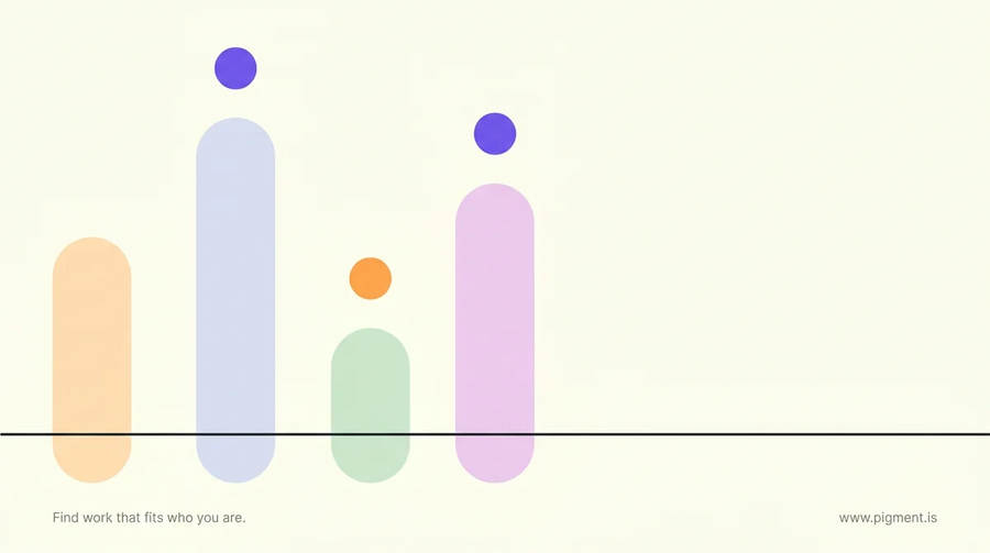 Abstract composition of four rounded vertical forms of unequal height in peach, lavender, mint and lilac, spaced along a thin horizontal rule on a warm cream field