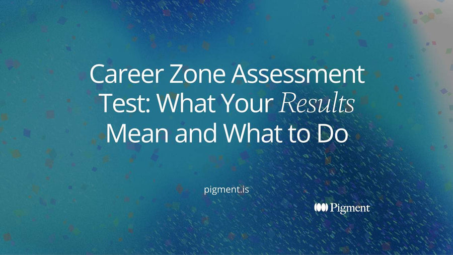 Abstract composition of six soft circles in peach, lavender, lilac, mint and ice blue arranged in a ring above five stepped bars, illustrating the career zone assessment test's six interest types and Job Zones