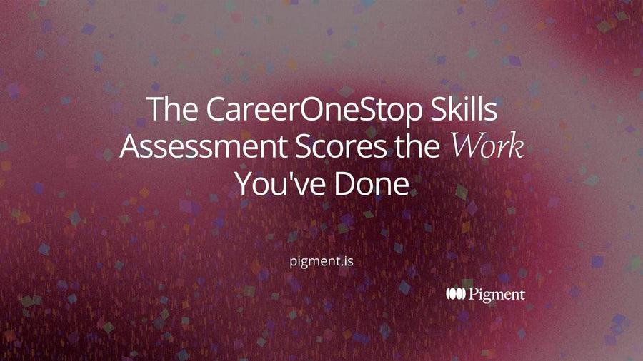 Abstract cover for a guide to the CareerOneStop skills assessment: forty small squares in four rows of ten, a few filled in peach to show a rating profile with a clear shape