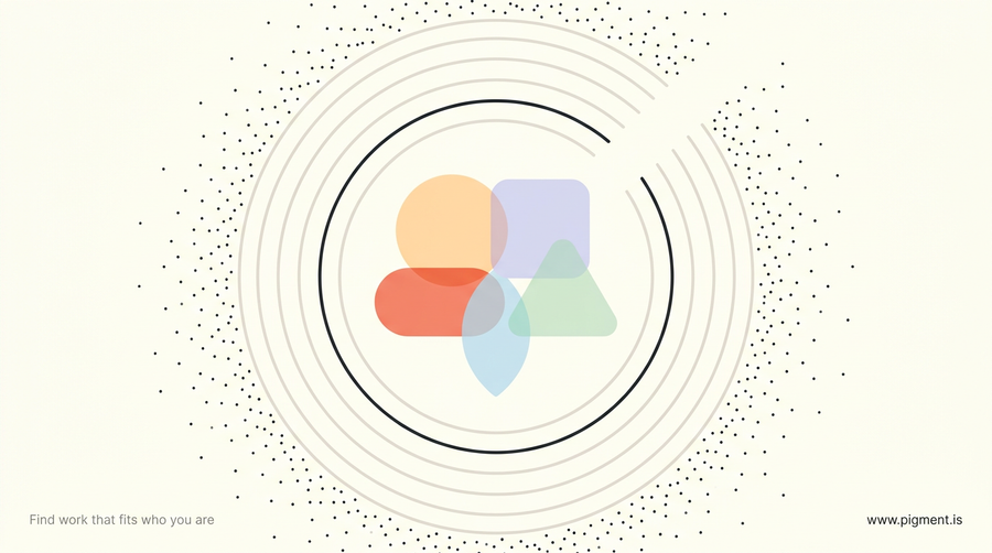 Abstract geometric hero: five soft rounded shapes in peach, lavender, mint, coral and ice blue gathered inside a thin charcoal ring, with small dots thinning out at the edges, on a warm cream background.