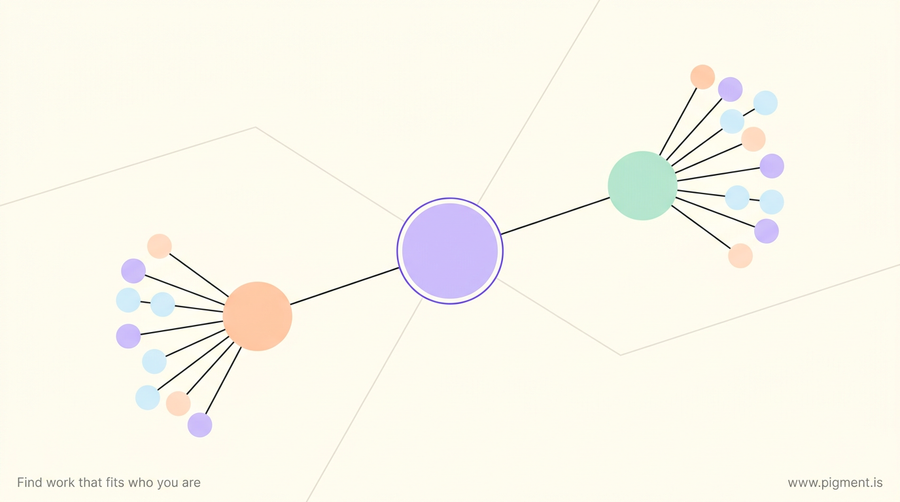 Abstract warm geometric composition of a small network: a central router node linked by thin lines to two switch nodes and several host nodes, evoking a Packet Tracer build for the CCNA 1 practice skills assessment
