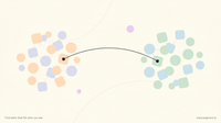Abstract warm geometric composition of two clustered node groups joined by a single connecting line, evoking two networks linked by a static route.