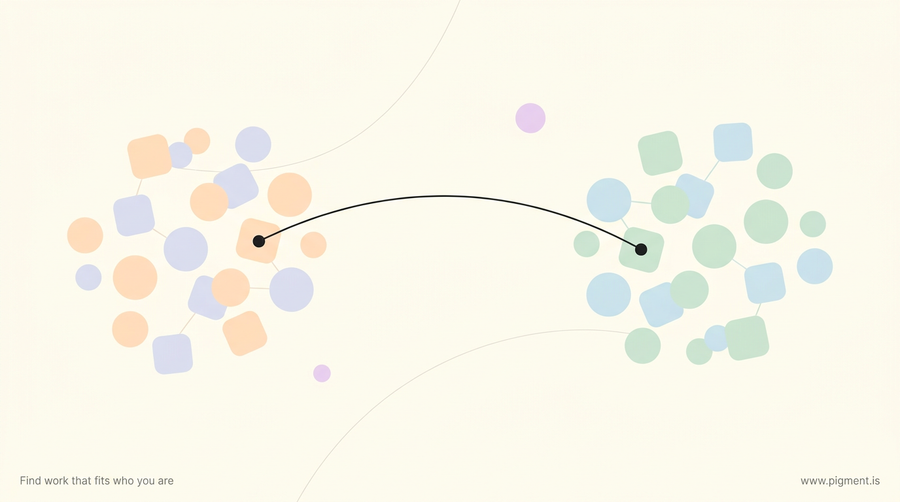 Abstract warm geometric composition of two clustered node groups joined by a single connecting line, evoking two networks linked by a static route.