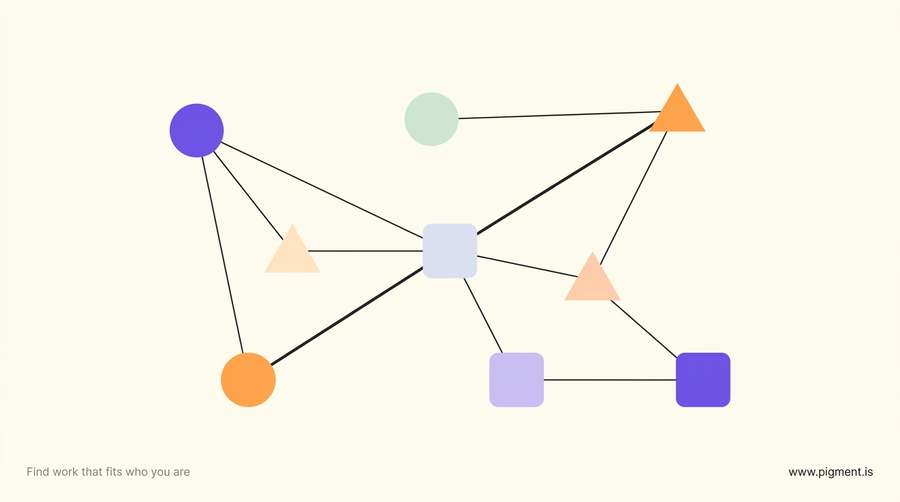 Abstract warm-toned network constellation of connected geometric nodes, evoking the small topology built in the CCNA 2 ITN Practice Skills Assessment.