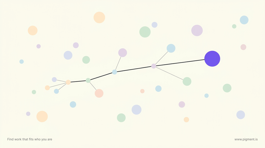 Abstract warm composition: many scattered pastel dots with one thin charcoal line tracing a path from a cluster of small dots to a single resolved violet circle, suggesting one clear source found among many alerts