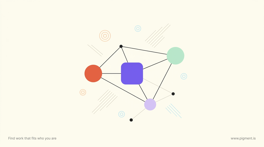 Abstract flat-vector constellation of violet, coral and mint nodes joined by thin charcoal lines on a warm cream background, evoking a small network being built and secured.