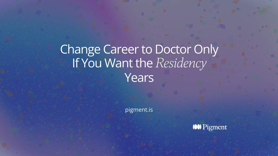 Abstract hero for a change career to doctor guide: a long charcoal line of small pastel blocks stretches across a cream field toward one violet circle at the far right.