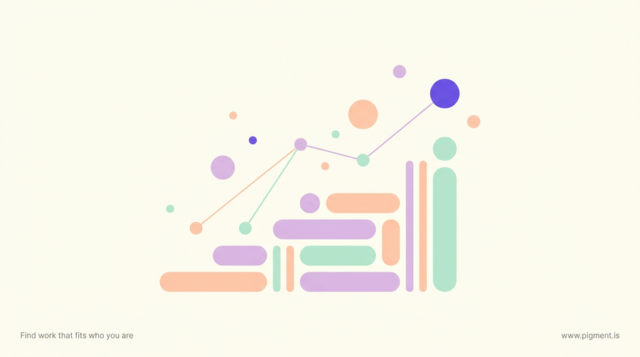 Abstract Pigment hero: warm ascending geometric forms in peach, lavender, and mint rising across a cream canvas, evoking a change management career ladder.