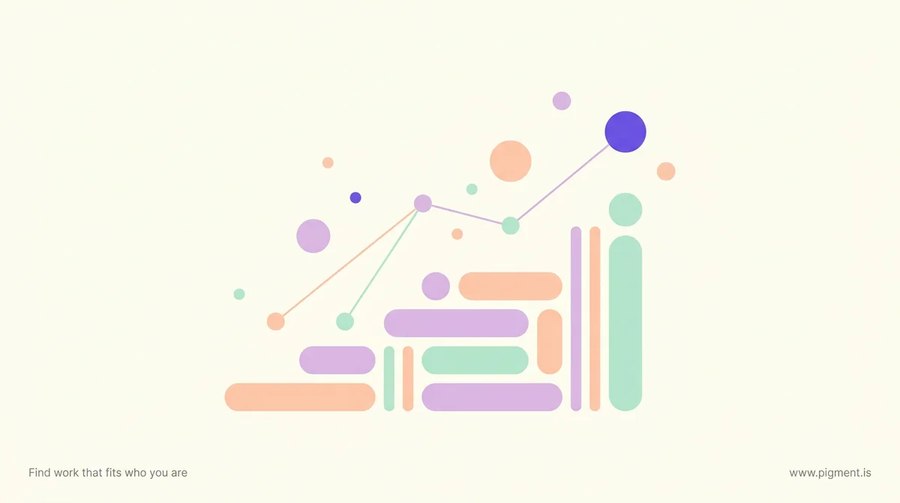 Abstract Pigment hero: warm ascending geometric forms in peach, lavender, and mint rising across a cream canvas, evoking a change management career ladder.