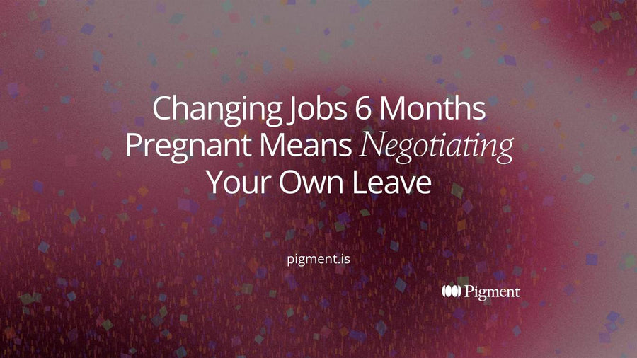 Abstract cover for changing jobs 6 months pregnant: a row of peach blocks meets a new lavender row that starts just before a mint circle marking the due date.