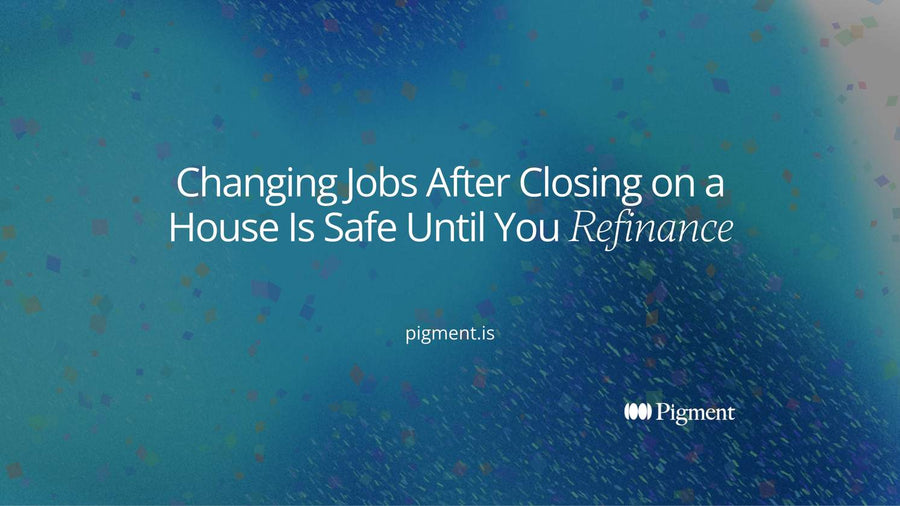 Abstract cover for changing jobs after closing on a house: a peach house-shaped block on cream, with a path of lavender and mint circles leading away to a second block.