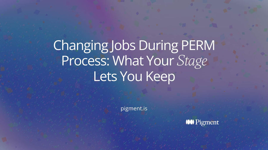 Abstract hero for a guide to changing jobs during PERM process stages: four stepping stones of rising color, with a small shape crossing from one path to another at the last stone