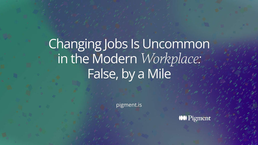 Abstract composition of a winding line of small colored circles, each a different employer, for an article showing that changing jobs is uncommon in the modern workplace is false.