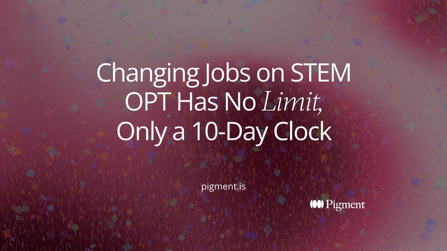 Abstract cover for a guide to changing jobs on STEM OPT: a row of open doorways linked by one thin line, each passing through a small clock