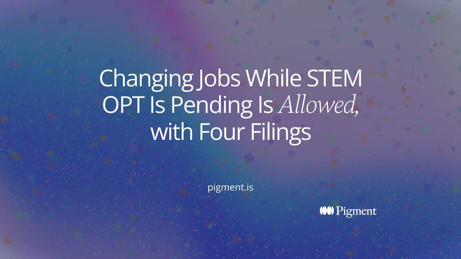 Abstract hero for a guide to changing jobs while STEM OPT is pending: four shapes stepping in sequence from one doorway to another